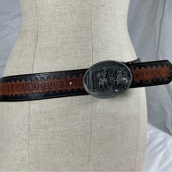 Vintage Bergamot Brass Works 1983 SALOON cowboys belt buckle and brown belt 34 - Picture 12 of 14